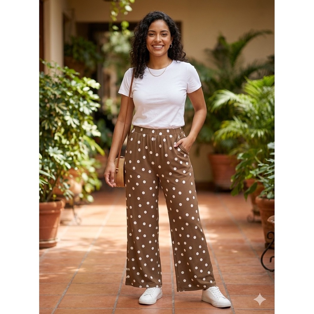 Attitudes by Renee Polka Dot Wide Leg Pants Womens Size XS Brown Elastic Waist